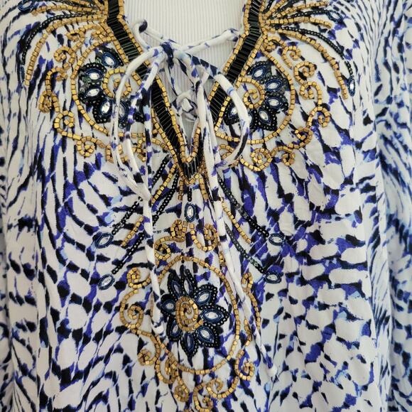 Soft Surroundings South Beach Tunic Beaded Lace Up Blue White Women Large - Picture 6 of 15